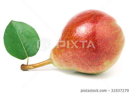 图库照片: one red-yellow pear with leaf isolated on white