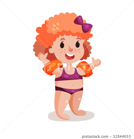 插图素材: cute happy redhead girl in purple swimsuit with 查看