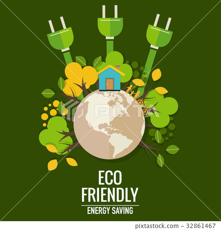 图库插图: energy saving concept with green eco earth and trees.