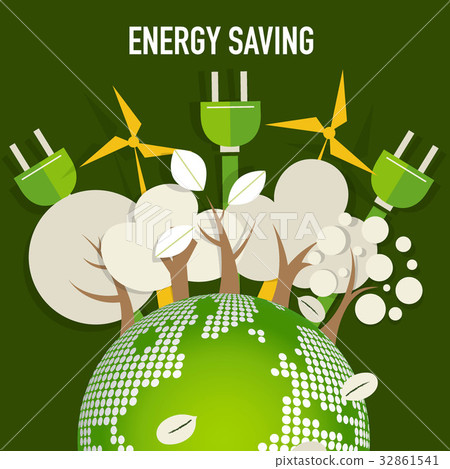 图库插图: energy saving concept with green eco earth and trees.