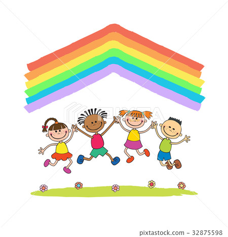 图库插图: kids jumping with joy on a hill under rainbow