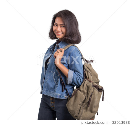 asian,european 图库照片: asian women with luggage for backpacking on white