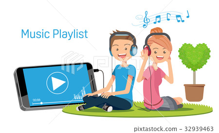 图库插图: listening to music through multimedia.