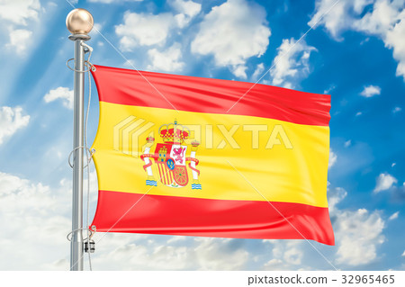 插图素材: spanish flag waving in blue cloudy sky