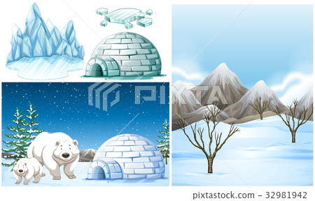 图库插图: polar bears and igloo on snow field