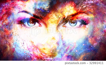 插图素材: woman eyes in cosmic background. eye contact.