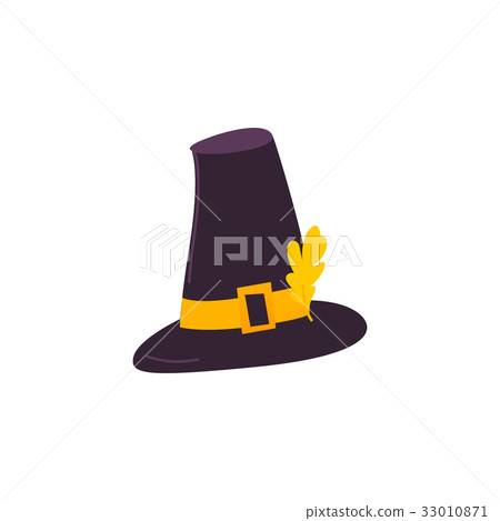 图库插图: cartoon style pilgrim hat with yellow oak leaf