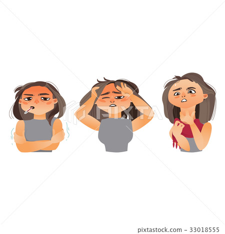 图库插图: woman having flu - fever, sore throat, headache