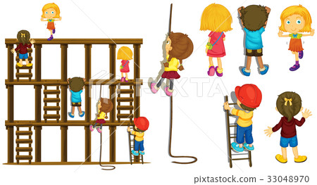 插图素材: children climbing up ladder and rope