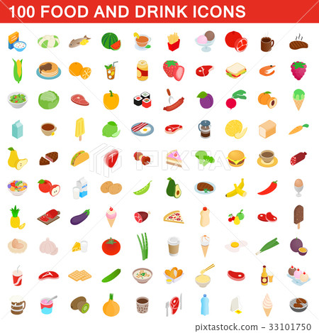图库插图: 100 food and drink icons set, isometric 3d style