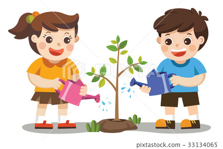 插图素材: cute kids volunteers planted and watering tree.