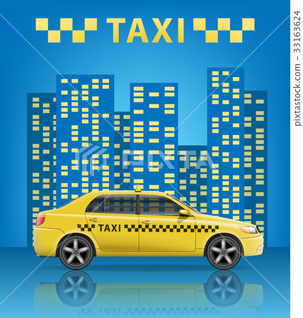 插图素材: realistic taxi car with blue city background. city