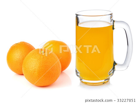 图库照片: fresh orange and glass with juice on white