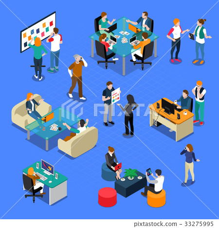 插图素材: people coworking isometric set