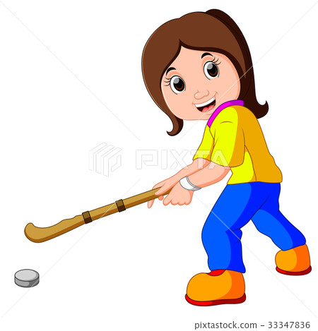 图库插图: funny girl cartoon playing hockey