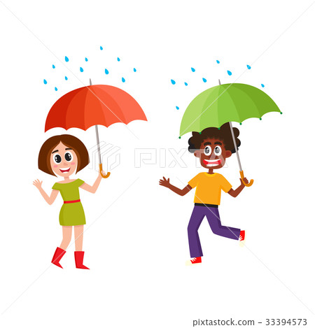 插图素材 vector people keeping umbrella in rain set