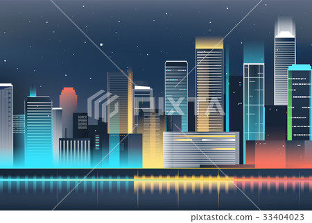 插图素材: night city skyline with neon lights. modern city
