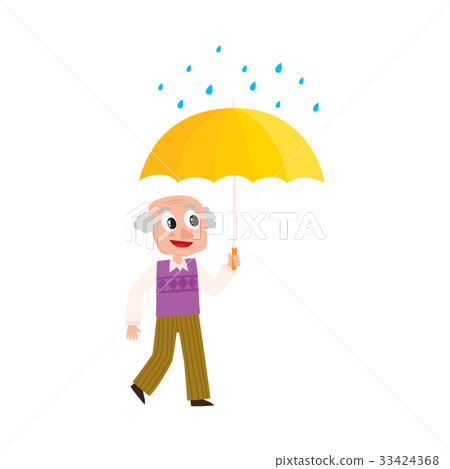插图素材: vector old man walks keeping umbrella in hand