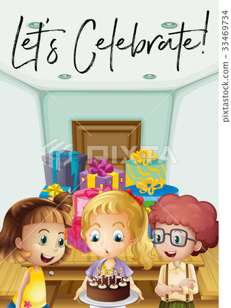 插图素材: kids at birthday party with phrase lets celebrate
