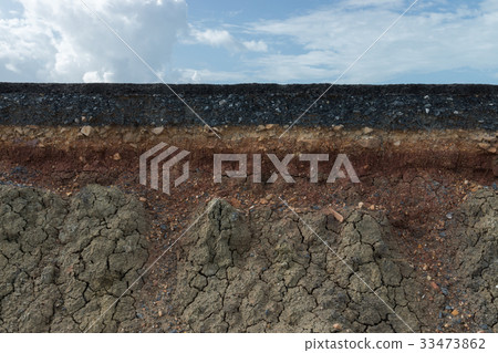 heaving line,PunchLine 图库照片: layers of road with soil and rock.
