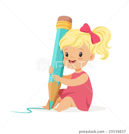 插图素材: cute blonde little girl sitting on the floor and