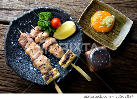 图库照片: butabara yakitori or japanese bacon pork grill.