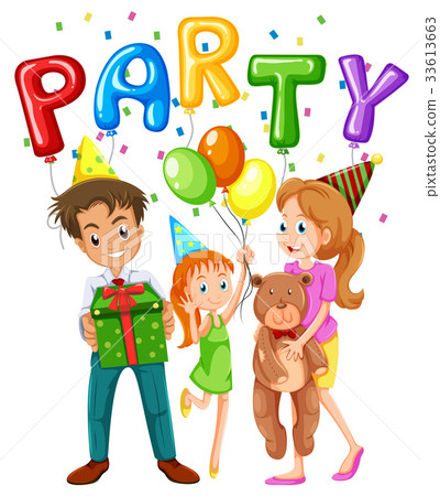 family party,home party 插图素材: family members and balloons at party