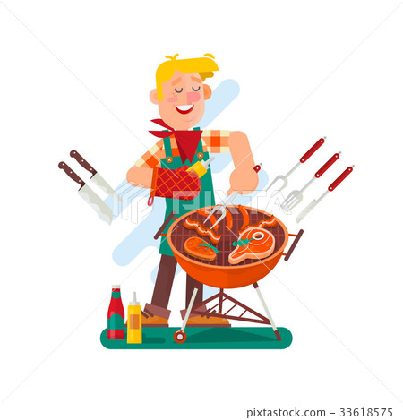 steak简笔画,简笔画 插图素材: cheerful man cooking steak on the barbecue grill