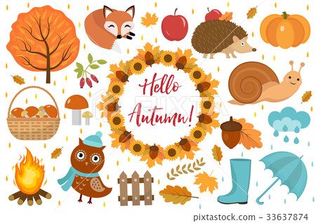 图库插图: hello autumn icons set flat or cartoon style