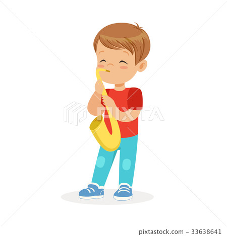 图库插图: cute little boy playing trumpet, young musician