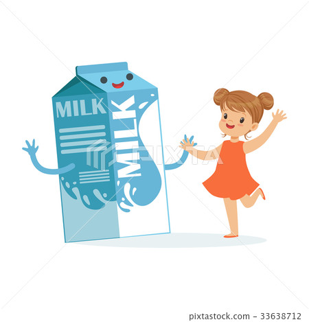 插图素材 cute happy little girl and funny milk carton box