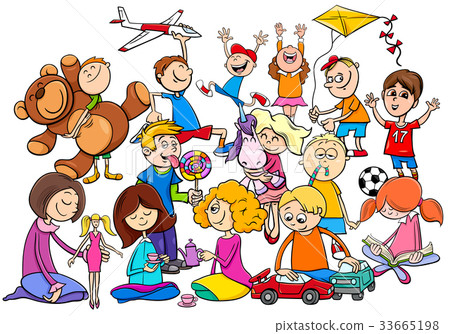 插图素材: children group playing with toys cartoon