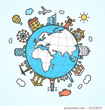 插图素材: globe and building around. vector