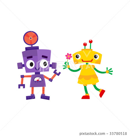 插图素材: vector flat cartoon funny girl and boy robots