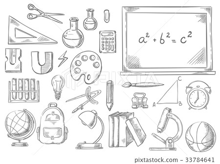 插图素材: back to school study supplies vector sketch icons