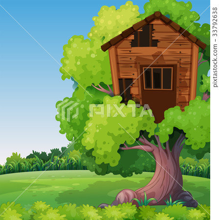 插图素材: old treehouse on the tree in park