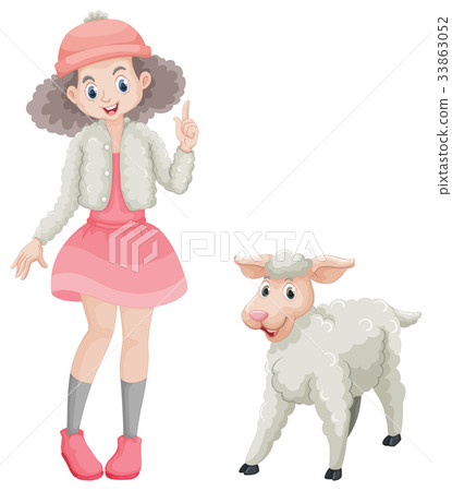 插图素材 cute girl and little lamb