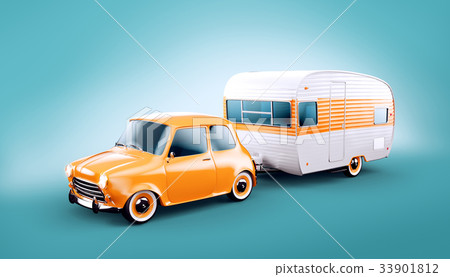 插图素材: retro car with white trailer.