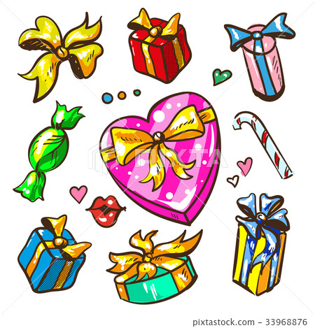 插图素材: funny cartoon colorful gift boxes set. vector
