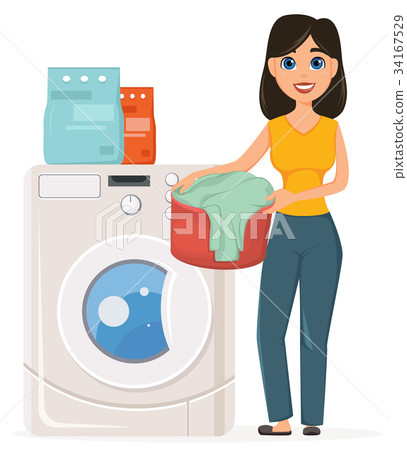 插图素材: housewife washes clothes in the washing machine.