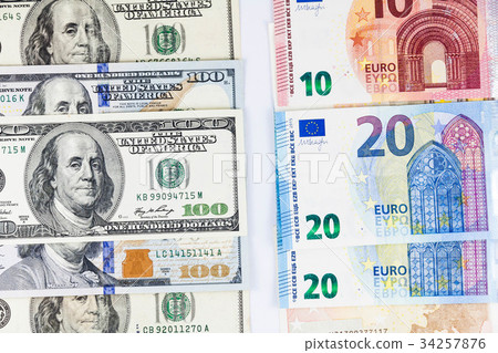 图库照片: us dollar and europe euro currency