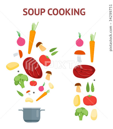 图库插图: cartoon dish and ingredients set cooking soup