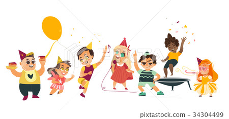 插图素材: vector flat cartoon kids at party set