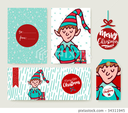 图库插图: christmas holiday card template cartoon elf set