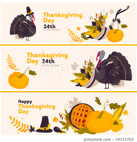 插图素材: set of cartoon happy thanksgiving greeting banners