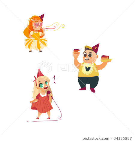 插图素材: vector flat cartoon kids at party set