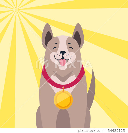 插图素材: happy dog with medal cartoon flat vector