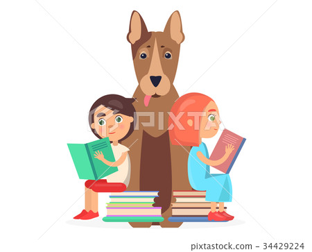 插图素材: girl and boy sits on two pile of books with dog