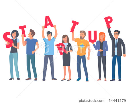 插图素材: young people holding capital letters of startup