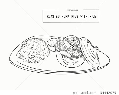 插图素材: rosted pork rib rice, hand draw sketch vector.